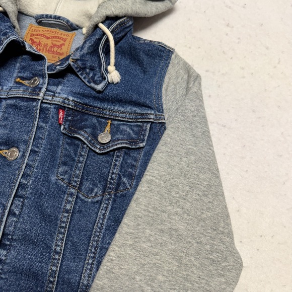 Levi Denim Trucker Jacket Hoodie Gray Sweatshirt Sleeves Women's Small Classic - Picture 3 of 16